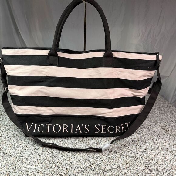 Victoria's Secret Expandable Weekender Tote Bag Pink/Black Stripe - Picture 5 of 8